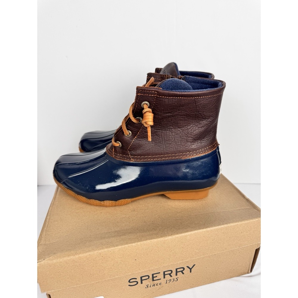 Sperry Top Sider Saltwater Duck Boots Rubber Leather Glossy Navy Blue NWB 7.5 W - Picture 2 of 8